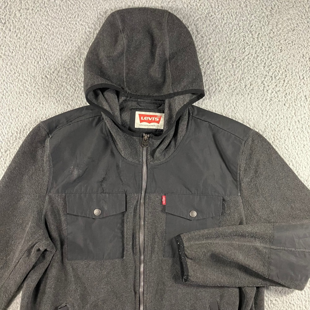 Levis Fleece Hoodie Men L Charcoal Grey‎ Full Zip Nylon Overlay Jacket Outdoor